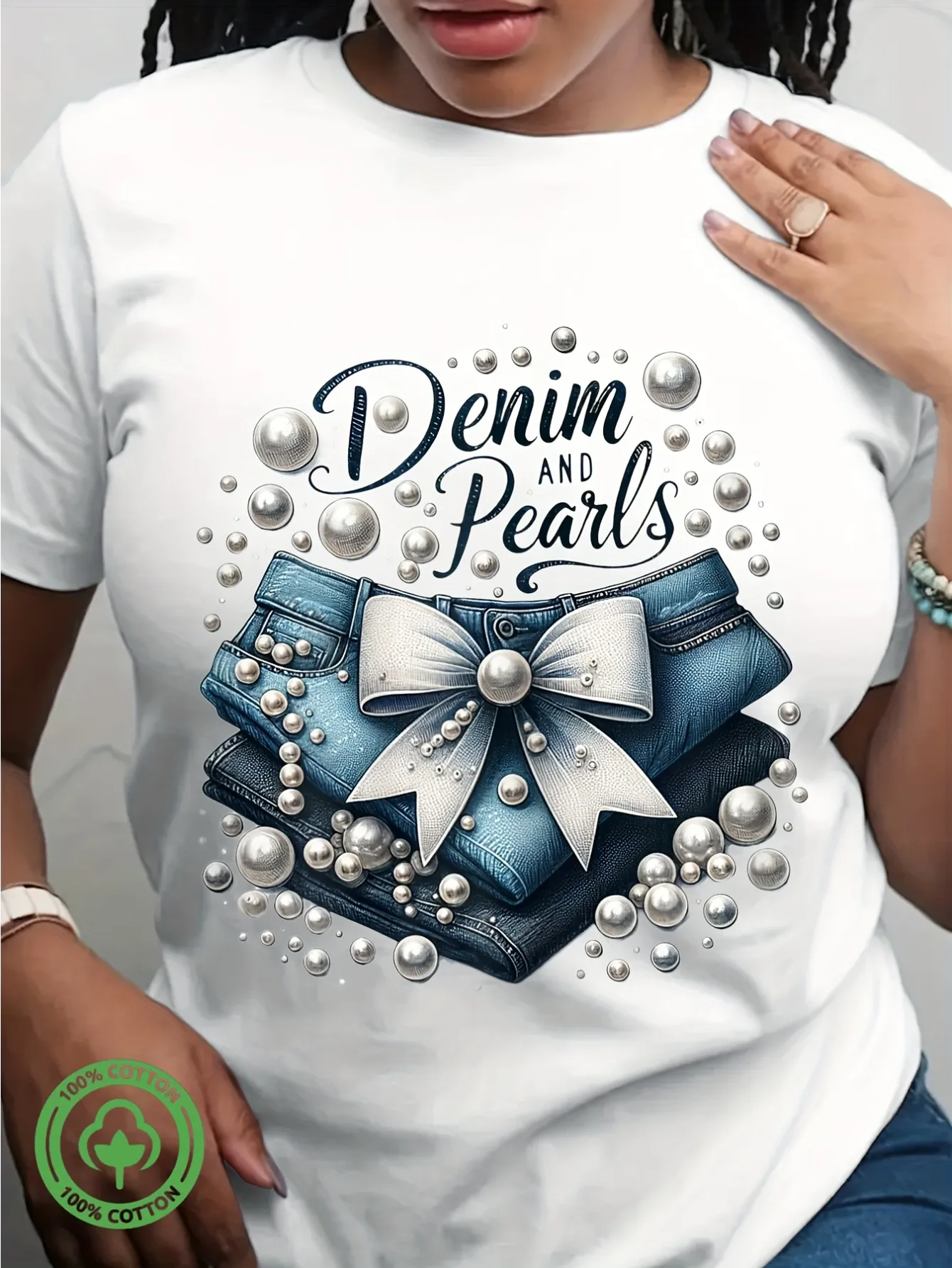 Women'S Denim & Pearls Graphic T-Shirt - White Tee with Blue Jeans & Pearl Accents, Soft Breathable Everyday Top for Jeans Outfits, Parties, Casual Attire - Machine Washable All-Season Shirt, Party Attire, Comfortable Fit, Versatile Clothing