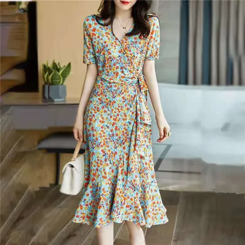 

Skirt Short Sleeve V-neck 2023 Summer Fashion Chiffon Dress Women Clothing Party Dresses Vestido Dress