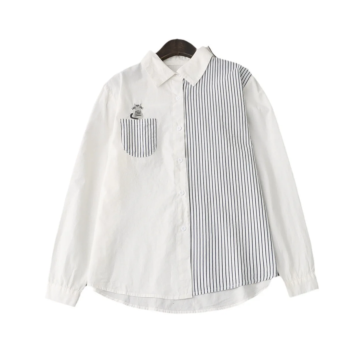 New Autumn Cotton Embroidery Shirts Women Lapel Collar Striped Tops Girl Long Sleeve Loose Basic Blouses 2024 Spring T41331QC