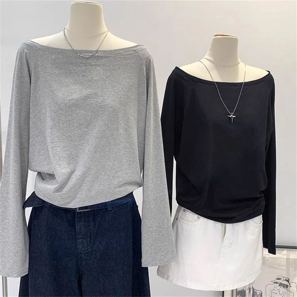 Korean One Shoulder Cotton Slant Shoulder Long Sleeve Women Clothing Style Interior Wide Truffle Shoulder Loose Y2k Basic Summer