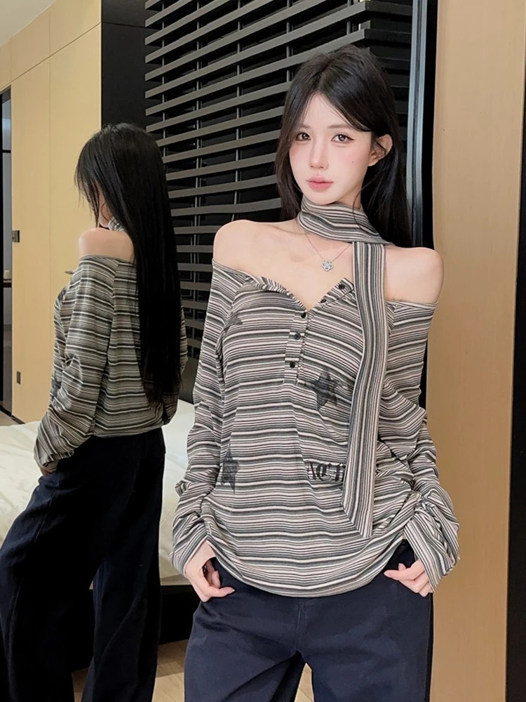 Sexy Stripe Long Sleeve T-Shirt Asymmetrical Shoulder Loose Fit Versatile Casual Top for Women Autumn Season Universal Size