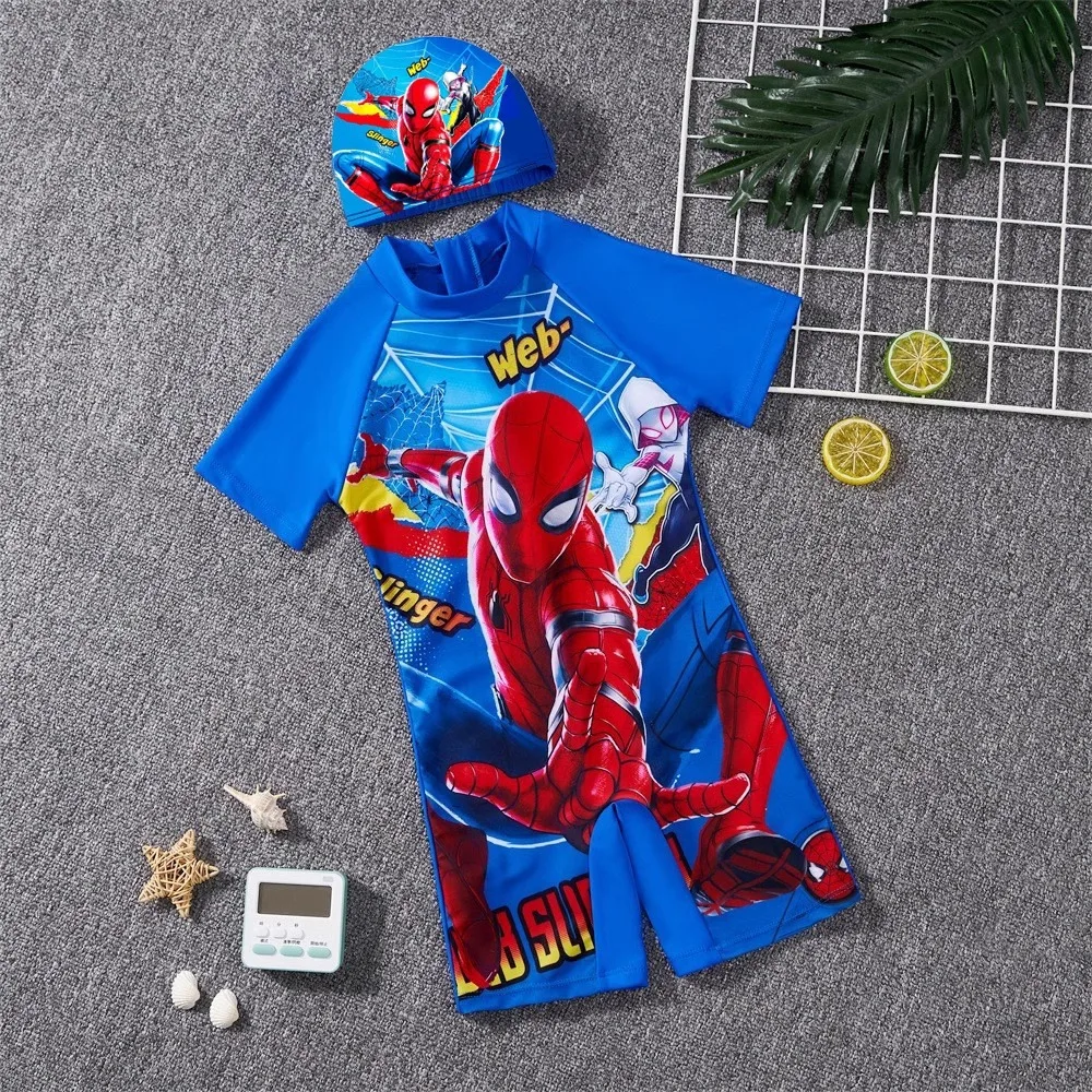 Baby Boy Swimsuit+Swimming Cap 2 Pcs Set Cartoon Iron Man Spiderman Frozen Elsa Print Children Beachwear Girl Clothes Pajama Top