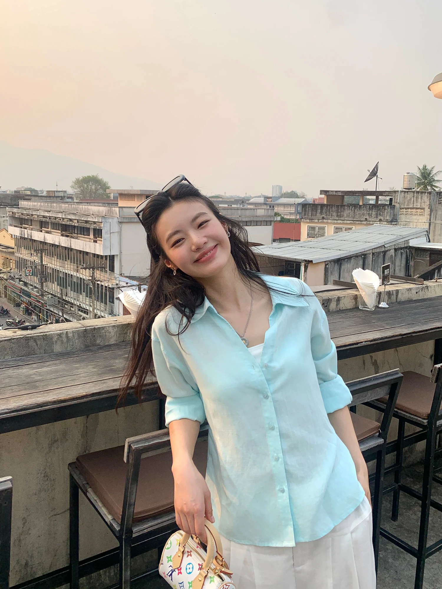 

Pusumede Coastal Series Women's Long Sleeve Shirt V-Neck Waist-Cinching Belted Sun Protection Casual Style Lenzing Lyocell Linen