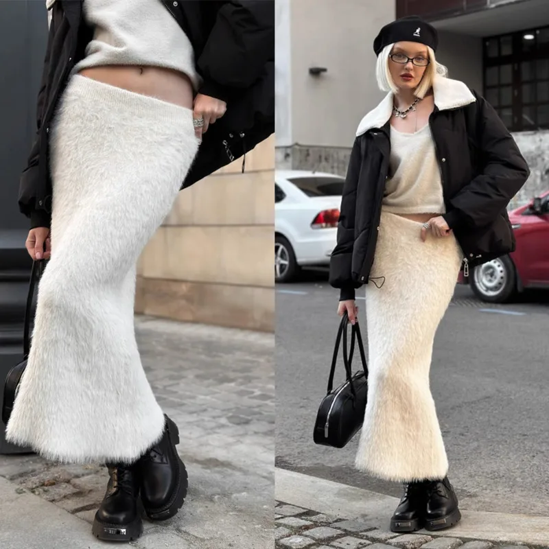 

2025 Autumn Winter Women’s High Waist Maxi Skirt Warm Fuzzy Knitted Slim Fit Long Skirt New Elegant Windproof Cold Weather Wear