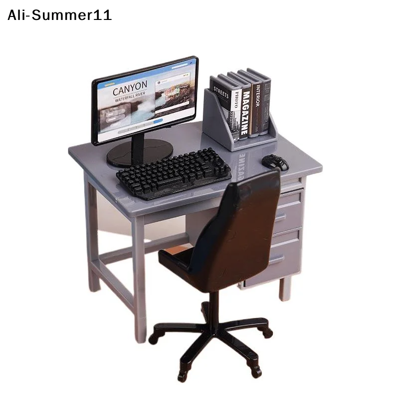 【11A】1 Set 1/12 Dollhouse Mini Furniture Plastic Computer Mouse Keyboard Desk Chair Kit  Toy for Children Dollhouse Accessories
