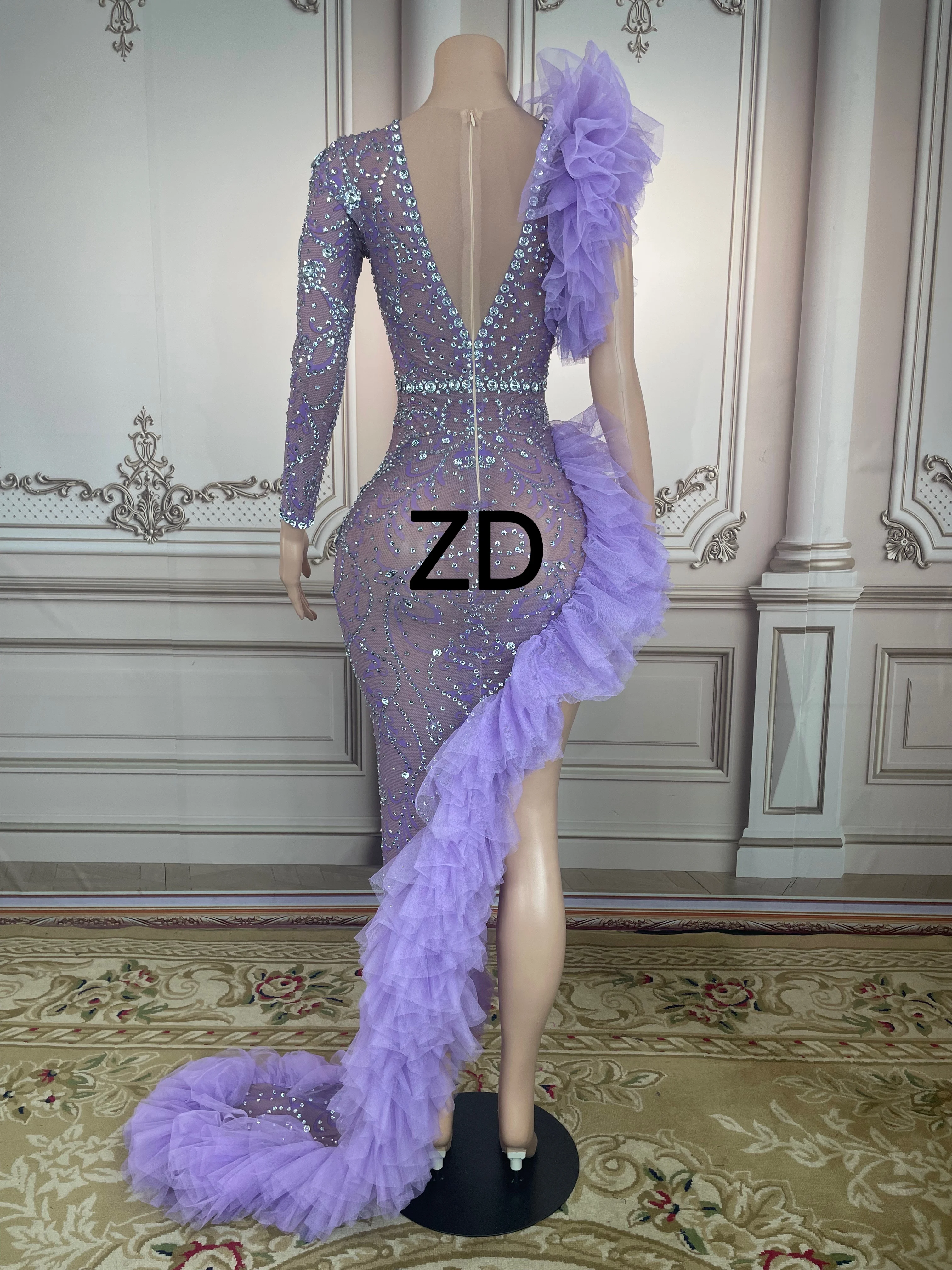 Silver Rhinestone Purple Mesh Transparent Long Dress Birthday Celebrate Outfit Evening Women Dancer Dress plus sizes