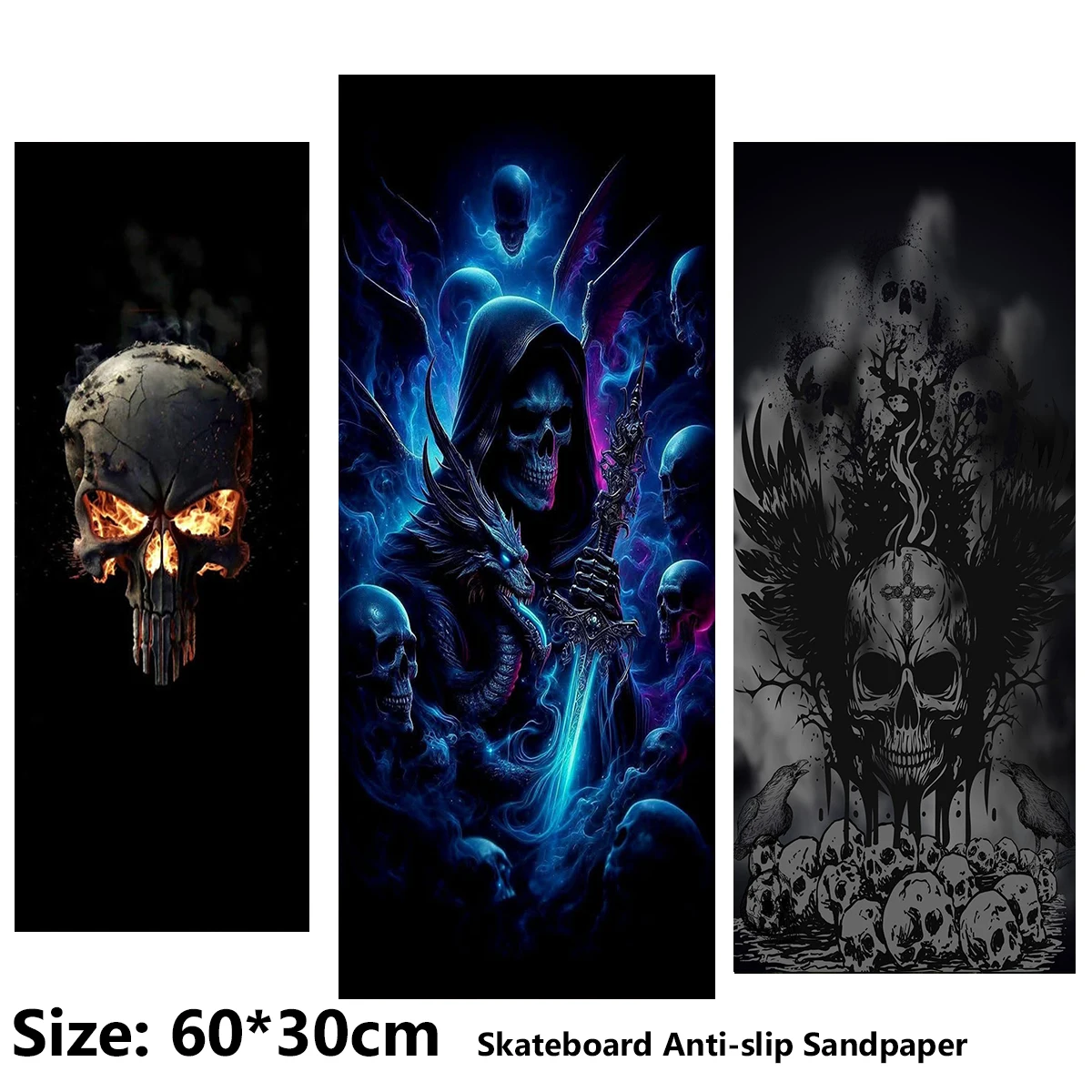 Electric Scooter Anti-slip Sticker Sandpaper Skateboard GripTape Sheet 60*30cm Creepy Dark Flame Skull Pattern
