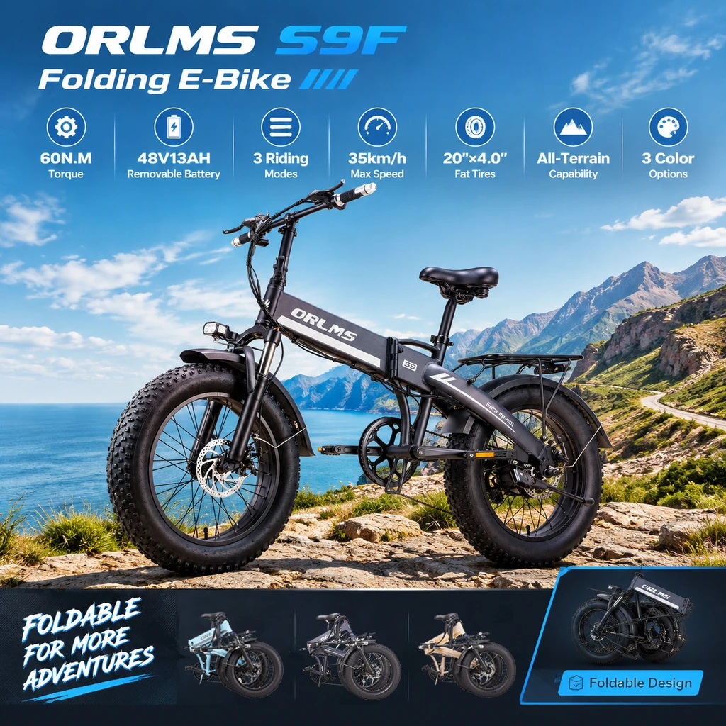 ORLMS S9F, bicicletta elettrica pieghevole, coppia motore di 60 N.m, batteria rimovibile da 48 V e 13 Ah, 3 modalità di guida, velocità massima di 35 km/h, pneumatici larghi da 20" x 4.0", adatta a