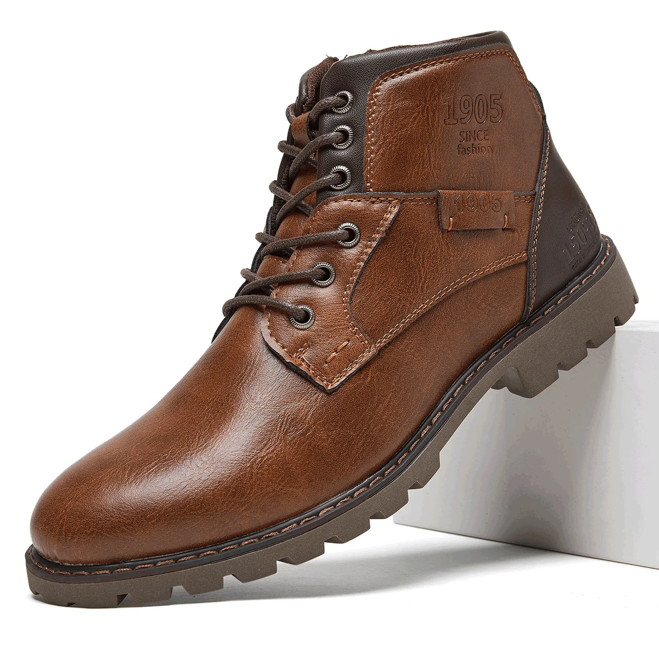 Desai Men's Wide Width Comfortable Combat Boots Faux Leather Lace Up Lug Sole Work Ankle Boots Anti Slip Outdoor Fall Winter