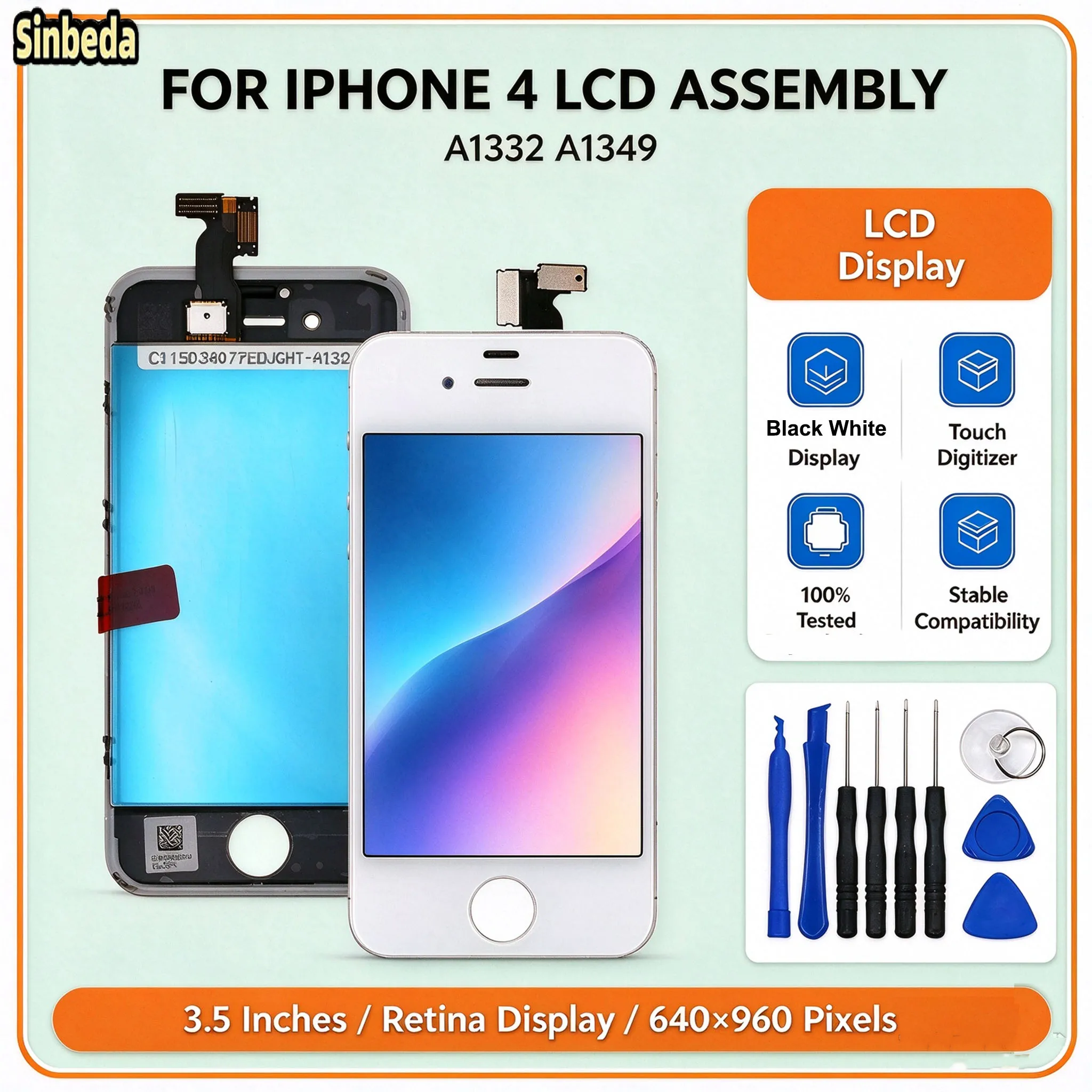 LCD Display For iPhone 4 Full Tested Screen Assembly Lcd Screen Touch Screen Digitizer Assembly A1332 A1349 With Repair Tools