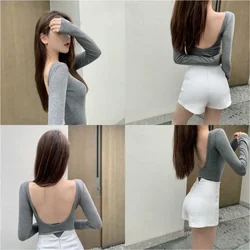 Woman TShirts Sexy Big Backless Tight T-shirt Women's Beauty Back Long Sleeve Top Crop Top Mujer Camisetas