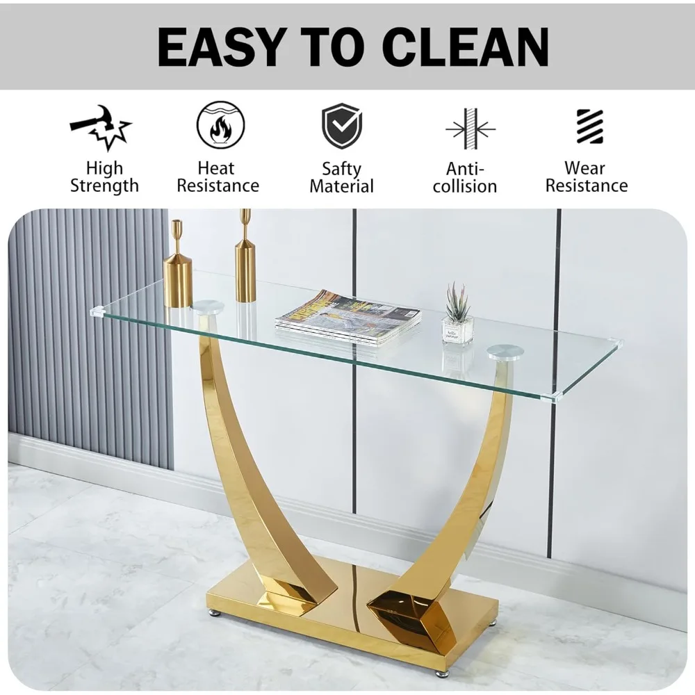 Modern Clear Glass Console Table 47 Long, Narrow Sofa Table for Entryway, Accent Desk with Geometric Silver Design