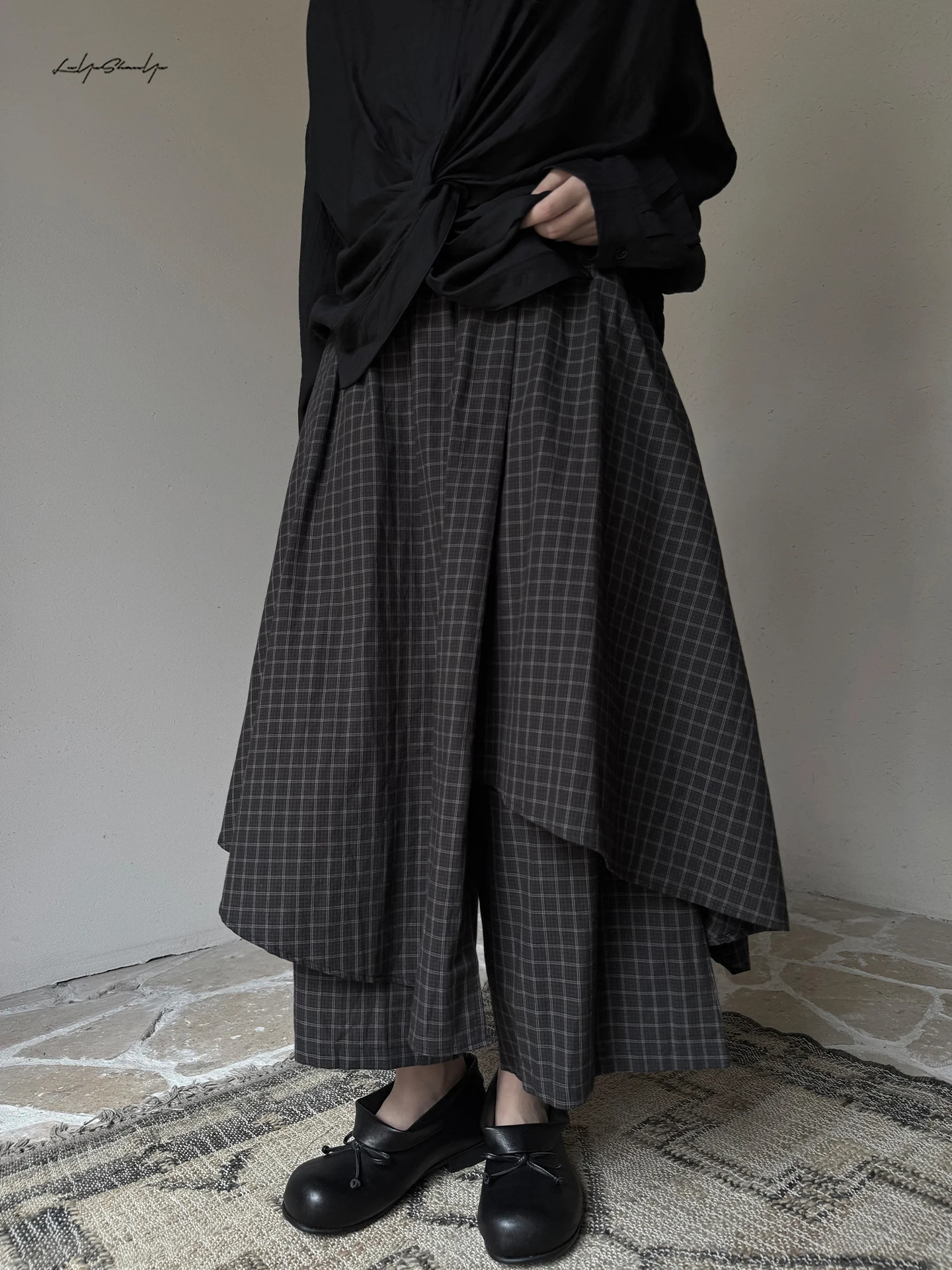 Casual Plaid Skirt Pants Asymmetrical Design Fake Two-Piece Miniature Personality Land And Mountain Style Cotton Wide Leg Pants