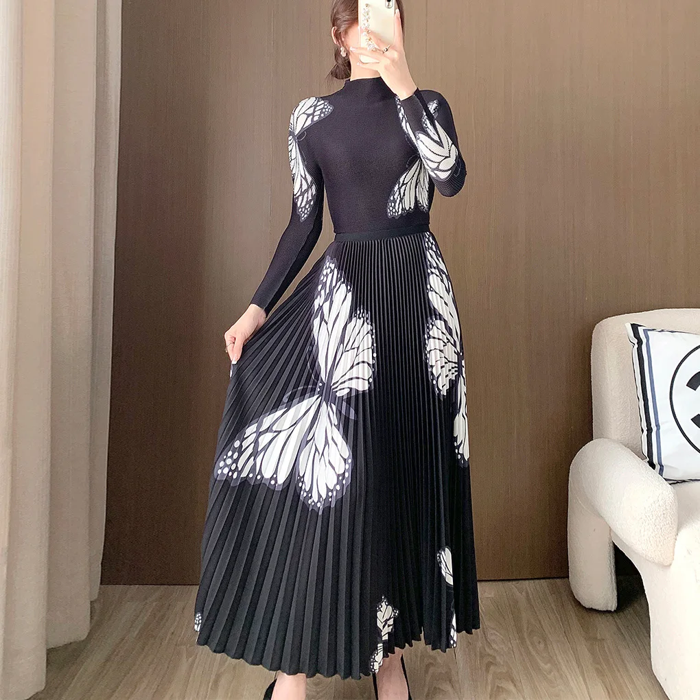 Fashion Set for Women's Spring and Autumn 2024 New Butterfly Printed Pleated Top and Women's Half Skirt Two-piece Clothing Set