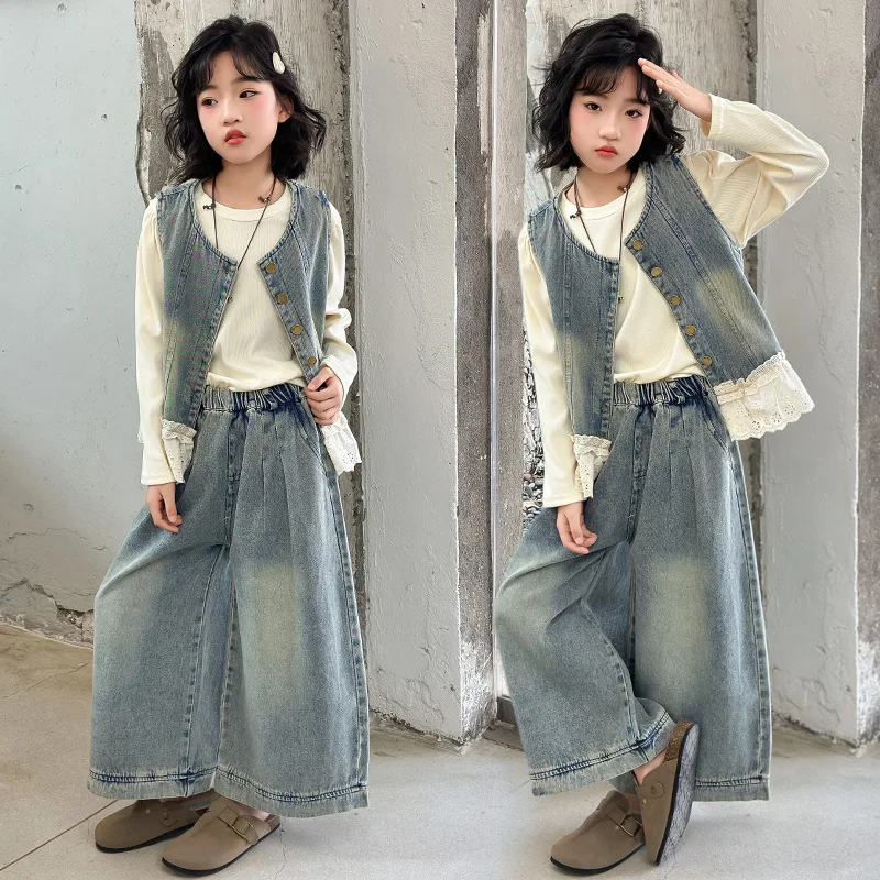 Girls Clothing Set Denim Vest White T-shirt Jeans 3pcs Teen Children Costumes Fashion Loose Daily Casual Kids Outfits 10 12 Year