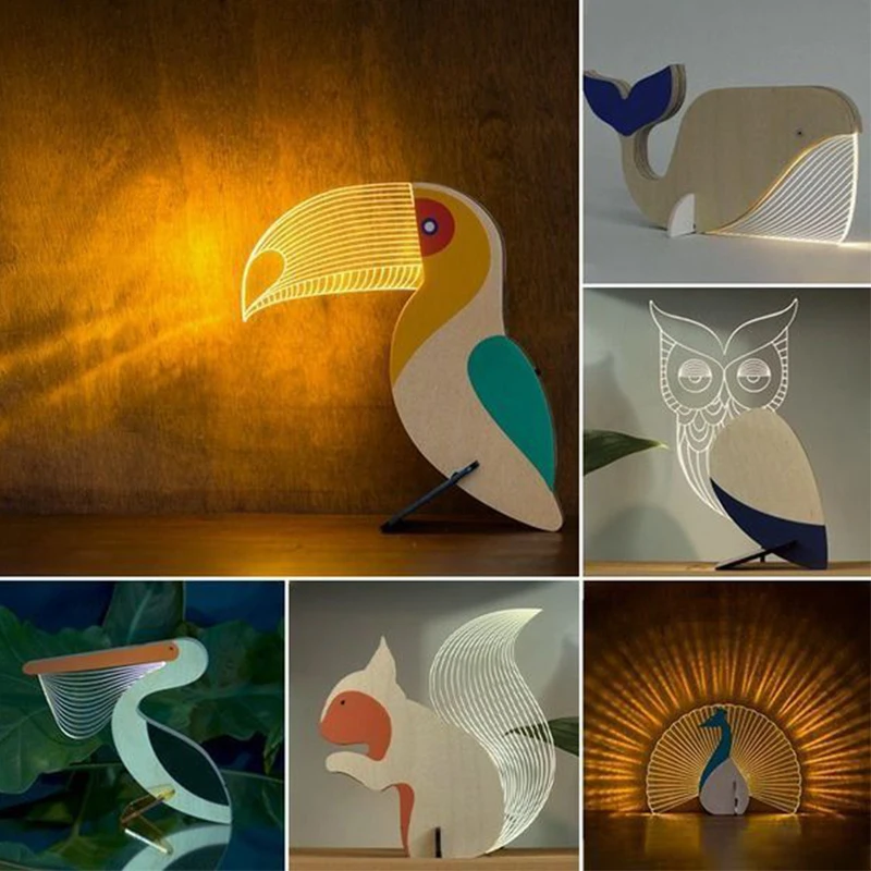 

Animals LED Night Light Wood Acrylic Table Lights Decorate For Children Baby Kids Bedside Lamp Pelican Sirius Whale Toucan