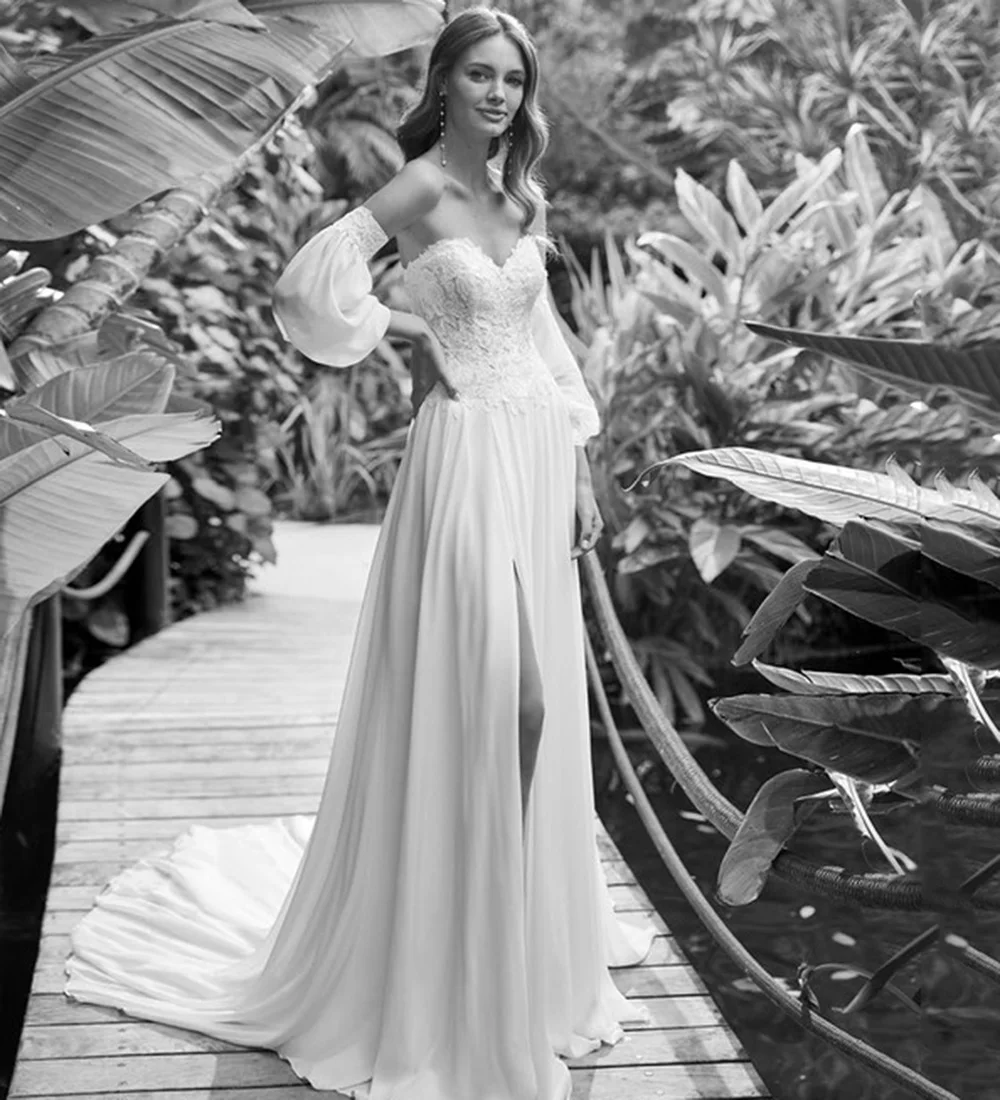 

Beach Sweetheart Half Puff Sleeve Lace Applique Wedding Dresses Chiffon High Side Slit Bride Dress Sweep Train Bridal Gown