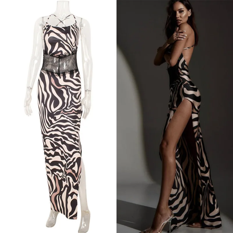 

Summer Sexy Leopard Print Maxi Dress Women Backless Spaghetti Strap High Slit Lace Patchwork Elegant Party A-Line Long Dresses
