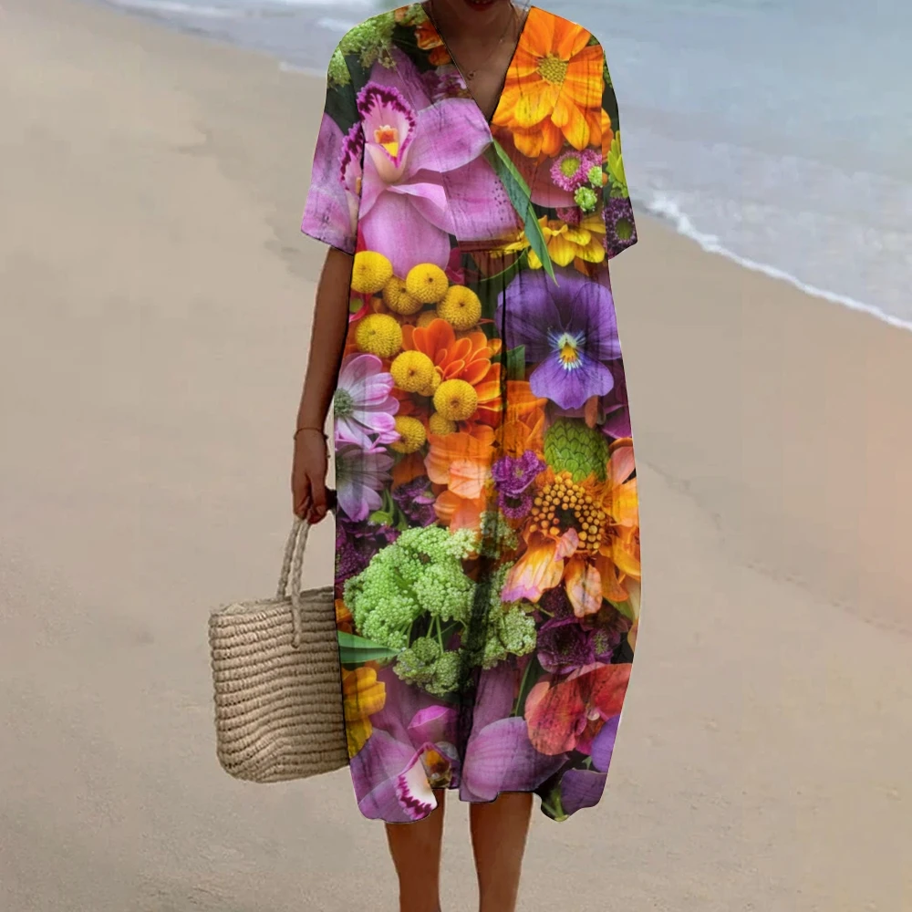 

Beach Bloom Vibrant Flower-Print Dress Nature Floral Fantasy Wear Casual Seaside Vacation Long Skirt Vintage Tropical Vibe Dress