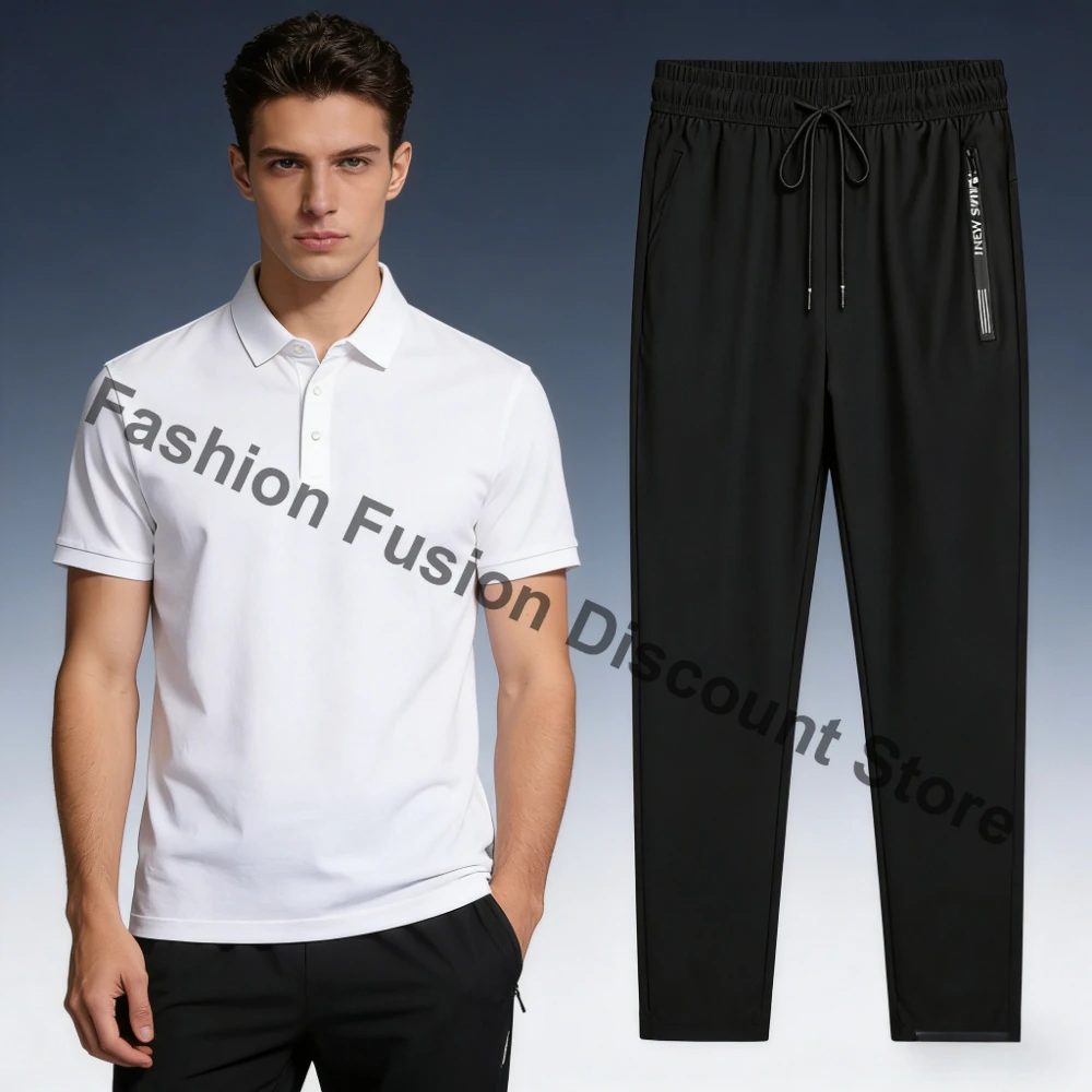 

High-End Ice Silk Men Sports Suit Casual Summer Lop-up Hollow Short-sleeved Polo Long Pants Short Sleeves Quick Drying Top Set