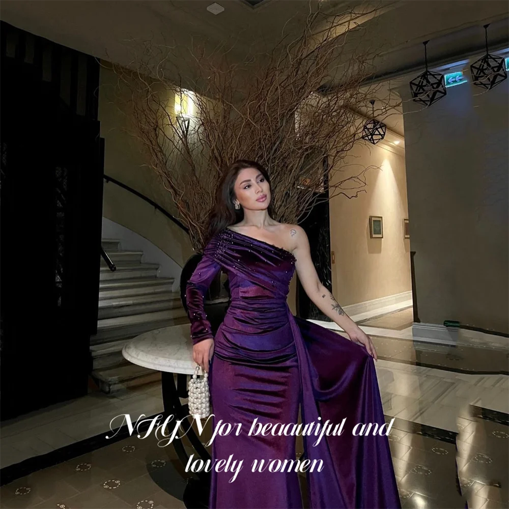 NFYN – robe de soirée sirène verte, asymétrique épaule dénudée, avec perles, en velours, pour femmes, personnalisée