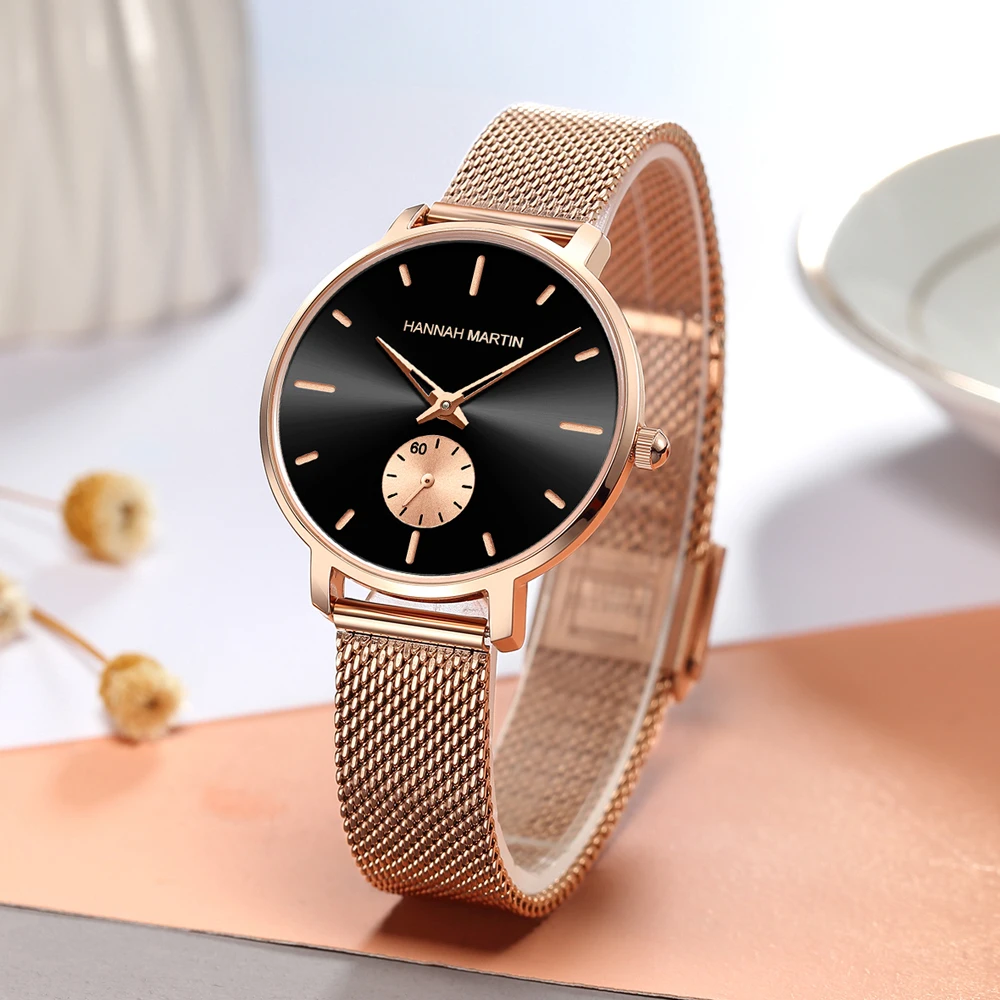 HANNAH MARTIN High Quality Top Brand Hot Selling Quartz Watch Women Timing Subdial Steel Mesh Rose Gold 33mm Gift Watch Women