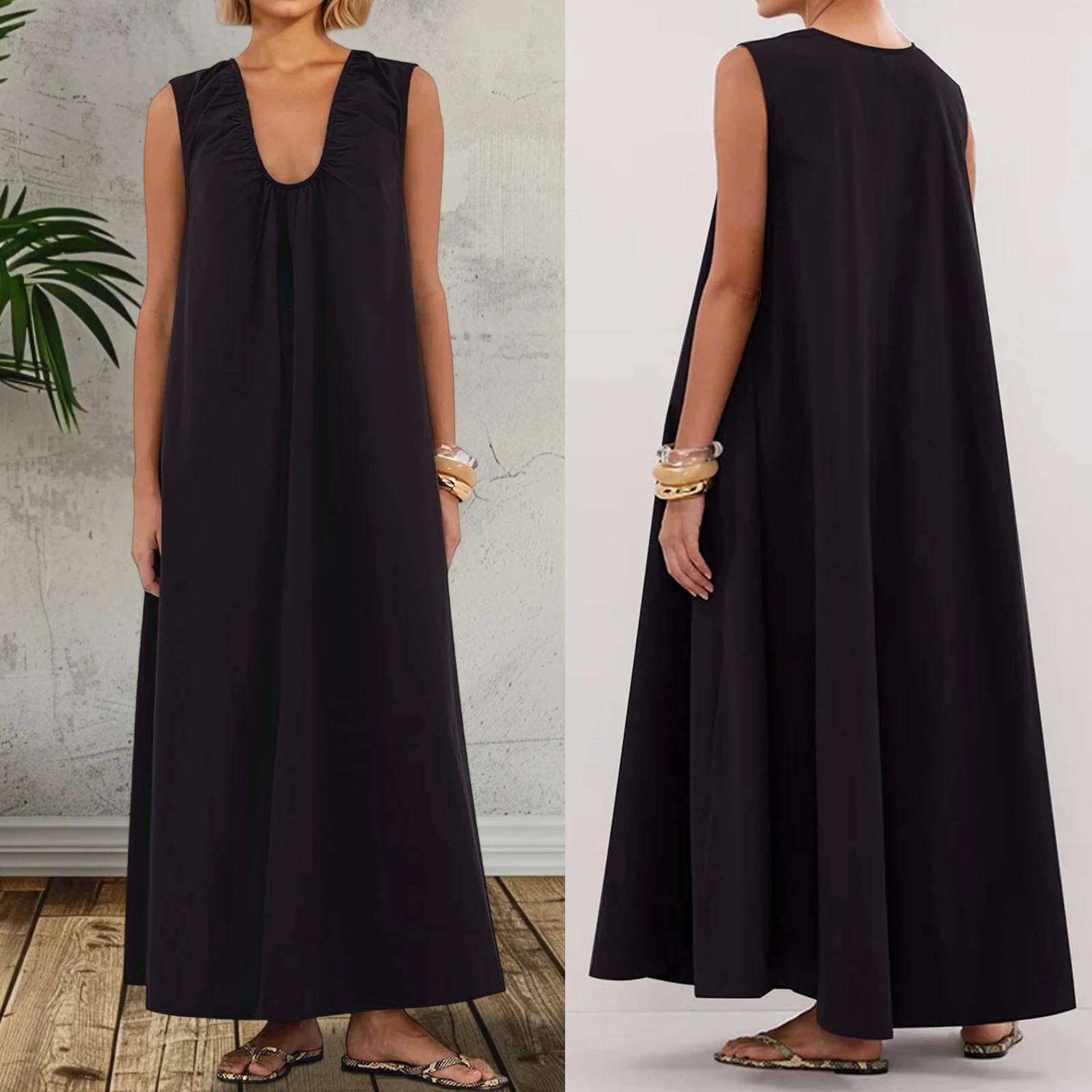 Women's Summer Fairycore Grunge Long Tank Dress Solid Color Sleeveless Scoop Neck Ruched Wide Shoulder Party Holiday Dress