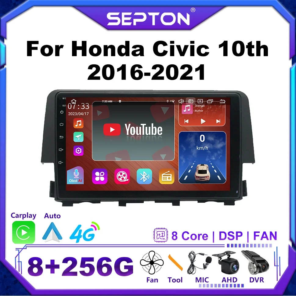 

SEPTON Android 12 Car Radio Multimedia Player CarPlay for Honda Civic 10th 2016-2021 Stereo GPS 8core WIFI Head Unit Automotivo