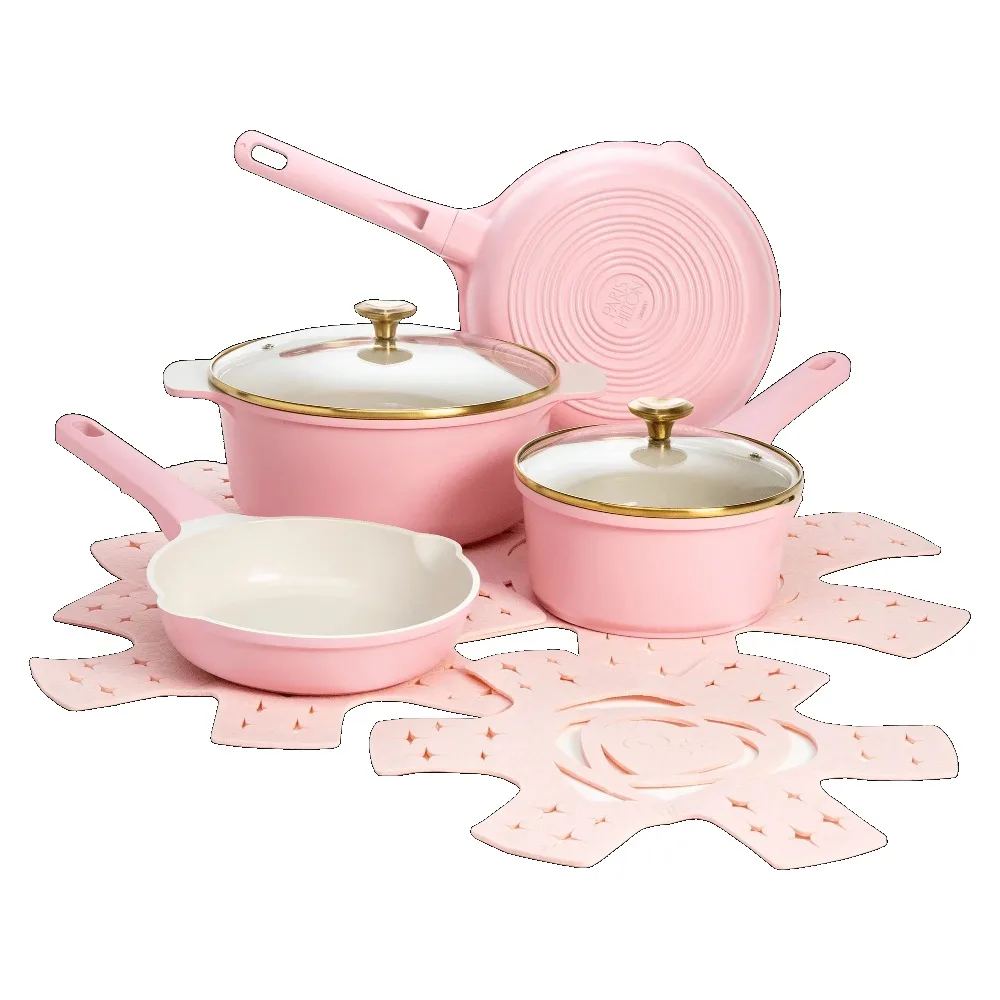 

Clean Ceramic™ Nonstick Cast Aluminum Cookware Set with Heart Shaped Lid Knobs, Pink