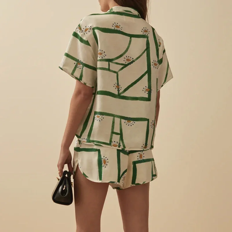 Damesmode Strand Los Pak 2025 Zomer Casual Revers Knop Shirt & Shorts Outfit Contrast Kleur Gestreept Gedrukt 2-delige set