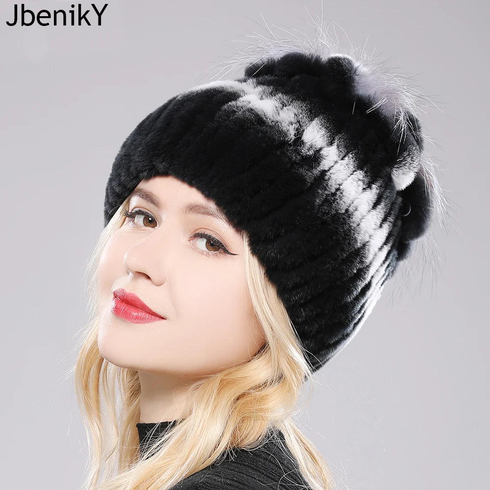 

Luxury Women Fur Hat For Winter Natural Rex Rabbit Fox Fur Cap Russian Female Fur Headgear New Fashion Warm Beanies Bomber Hat