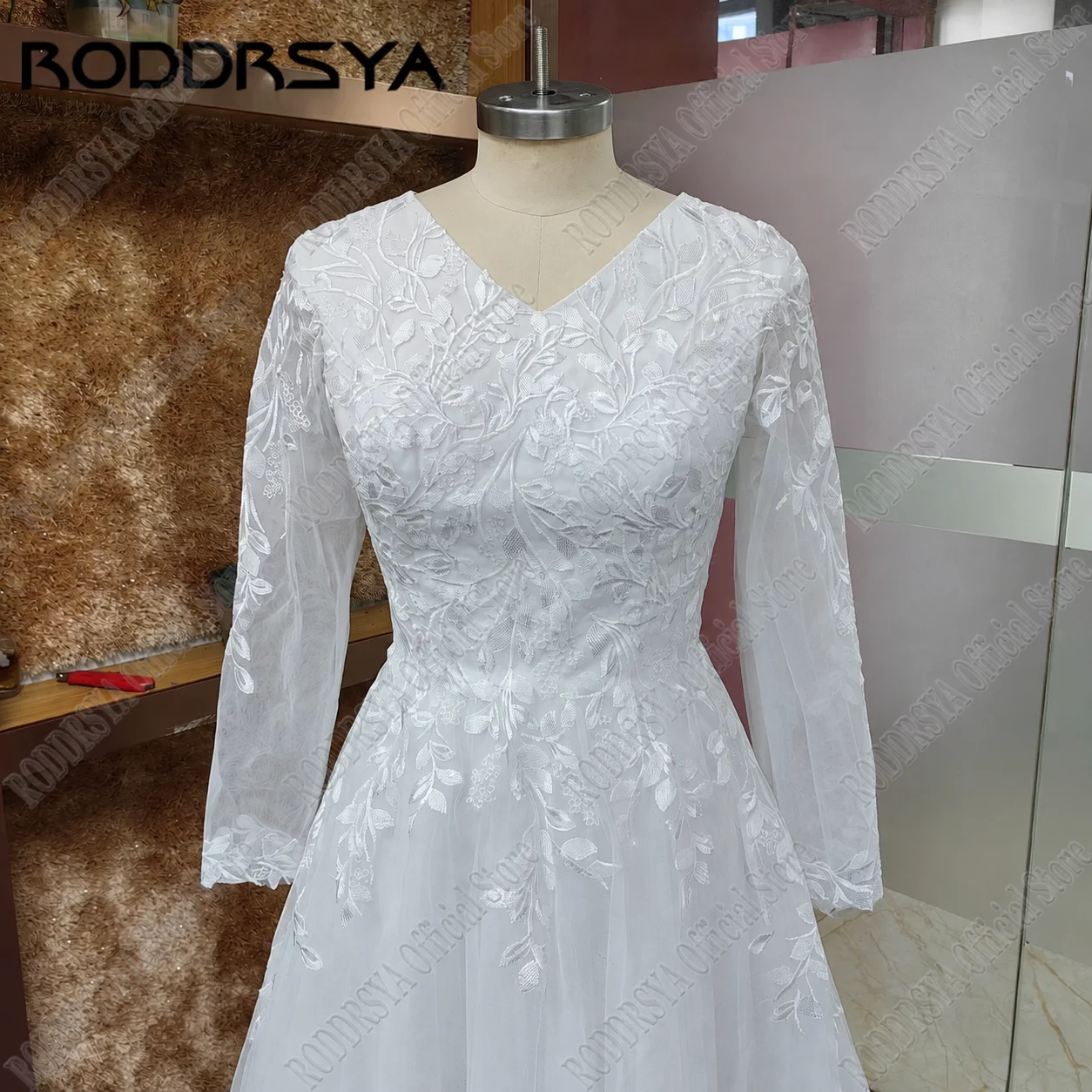 Roddrsya muslimische volle Ärmel Hochzeits kleid Applikation Spitze V-Ausschnitt Zivil Brautkleider Sweep Zug Vestido de Novia angepasstRODDRSYA Muslim Full Sleeve Brautkleid Applique Spitze V-Ausschnitt Zivil Brautkle – Detail 14
