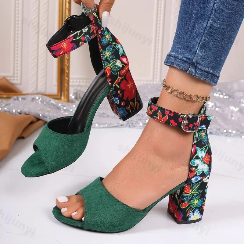 Women 2024 Summer Shoes Sqaure High Sandals Vintage Flower Print Open Toe High Heels Woman Casual Buckle Ankle Strap Sandalse