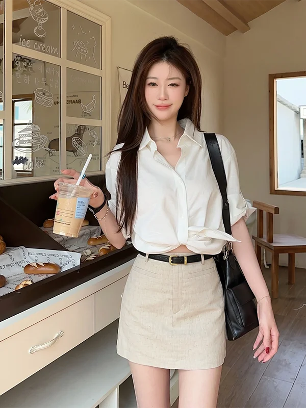 

Korean Style A-Line Skirt Women's Slim Fit Summer Polyester Fiber High Waist Short Skirt Casual Style Pocket Design