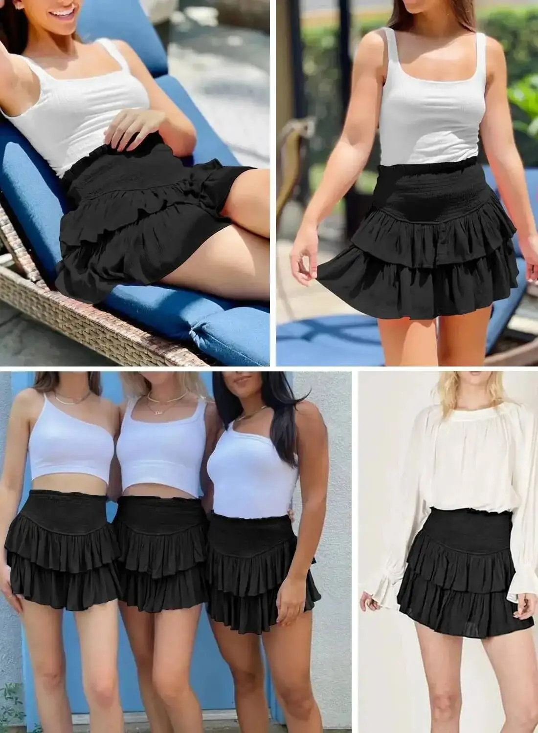 Women's High Waist Mini Skirt Peplum Layered Casual All Season Basic Solid Preppy Flared A-Line Skirts JK Sweet Korean 08AU