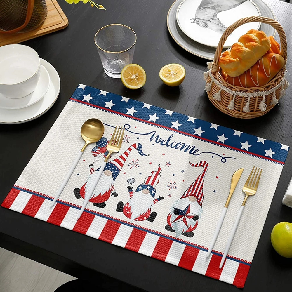 July 4th American Patriotic Gnome Placemats Set of 4 Star and Stripe Non Slip Heat-Resistant Washable Kitchen Table Place Mats