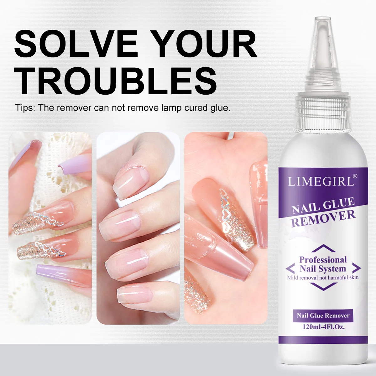 LIMEGIRL مزيل غراء الأظافر للضغط على الأظافر 10/120 مللي اضغط على مزيل الأظافر سهل إزالة Debonder للغراء على أطراف الأظافر