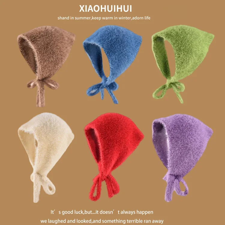 

Треугольный шарф из искусственной норки во французском стиле, женский осенне-зимний теплый пушистый вязаный шерстяной ободок, милая и милая повязка на голову