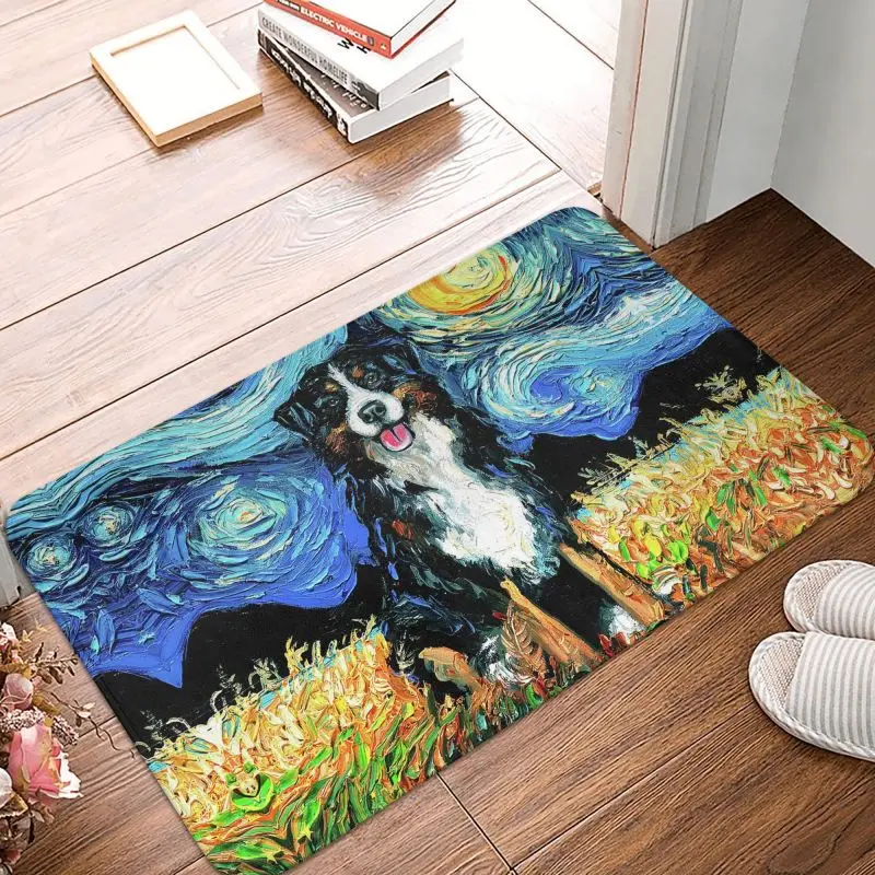 

Starry Night Bernese Mountain Dog Front Door Mat Anti-Slip Outdoor Waterproof Pet Puppy Doormat Balcony Room Entrance Rug Carpet