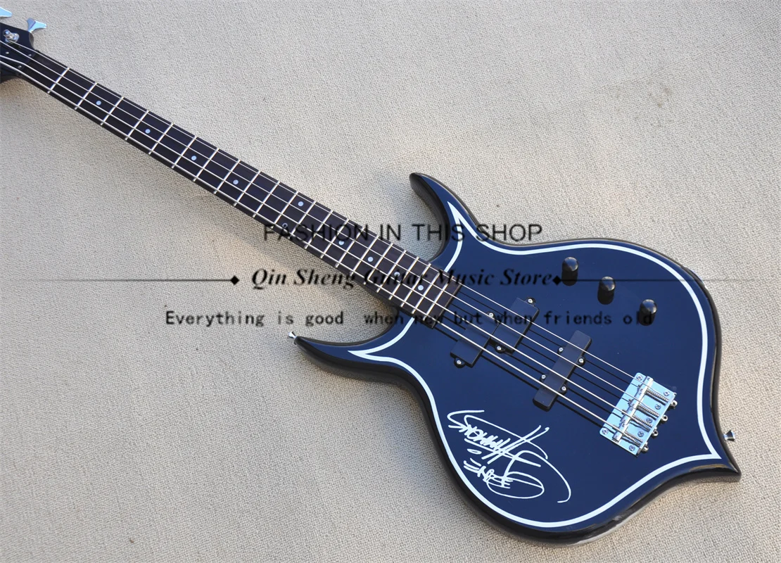 4 String Electric Bass, Black Bass, White Pattern, Rosewood Fingerboard, Basswood Body