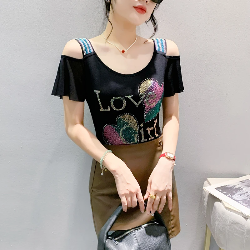 2024 New Summer European Clothes T-Shirt Fashion Sexy Off Collar Shiny Diamonds Love Women Tops Short Sleeve Drilling Tees 47002