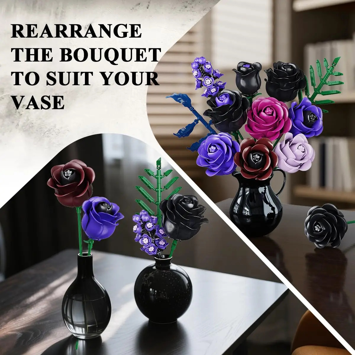 HOGOKIDS Zestaw do budowania bukietu kwiatów - 14 fioletowych róż, botaniczne klocki, sztuczna czarna róża, gotycka dekoracja kwiatowa, prezent dla dorosłych