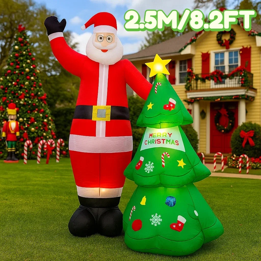 2.5M/8.2FT Inflatable Santa Claus Tree Lights LED Home Holiday Lighting Decoration Xmas Ornament Supplies Outdoor Party Decor