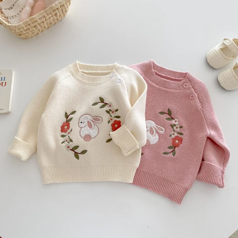 Girls\' Embroidered Sweater 0-5 Y Autumn Korean Children\'s Clothing  Girls Baby Western Style Knitted Top  Autumn Clothing