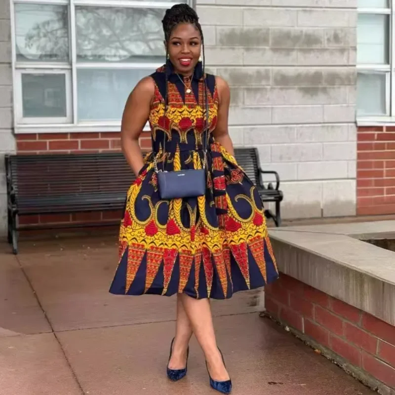 

African Dresses For Women 2024 New Summer Sexy Printed Sleeveless Twist Button Loose Dress Bazin Nigeria Turkey Africa Clothes