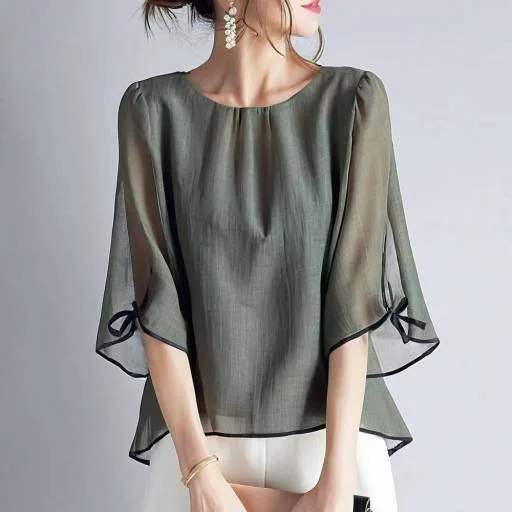 

Новинка лета 2025 года, женская рубашка с круглым вырезом и двумя рукавами, топ с рукавами-колокольчиками 7/8