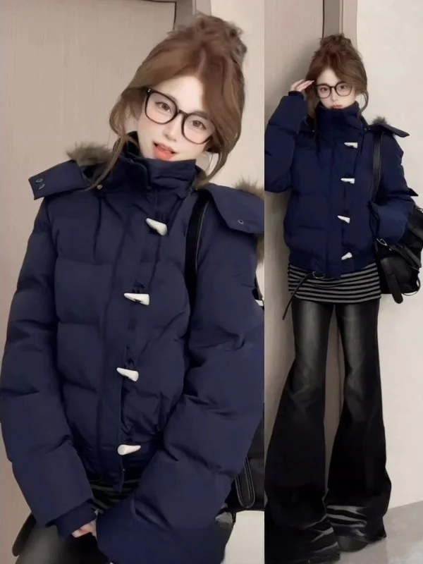 

Korean Sle Women's Hooded Bomber Jaet with Fur Collar And Button Detail Autumn Winter Faionable Cotton Padded Coat