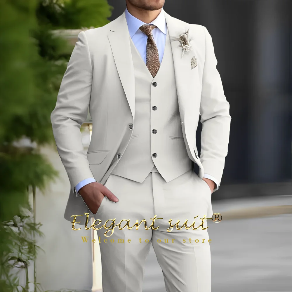 Men\'s ivory white 3-piece suit (jacket + vest + trousers) two-button fit, elegant, fashionable and high-quality formal wear