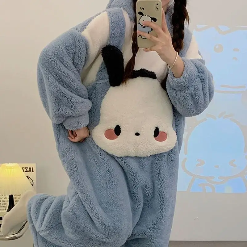 Hot Sanrio Girl Thickening Winter Hooded One-Piece Garment Kawaii Pochacco Comic Go Out Keep Warm Robe Bathrobe Leisure Wear Kit