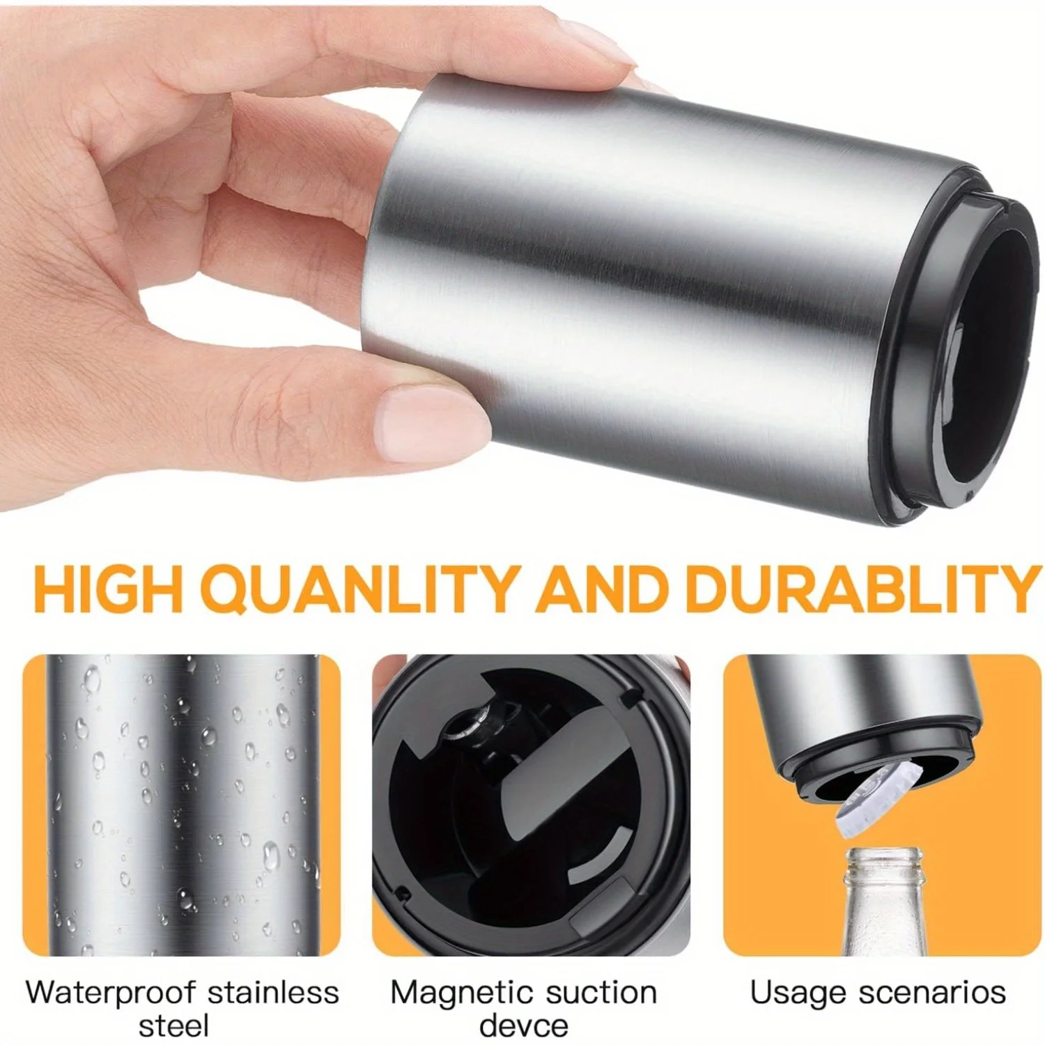 Premium Beer Bottle Opener (Silver), 2 PC Stainless Steel Automatic Push Down No Damage Quick to Open Small Portable Bottle Cap
